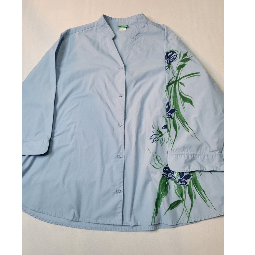 Sara Morgan Blue Floral Sequin Button Up Shirt Top 2X BEP 3/4 Sleeve 2707